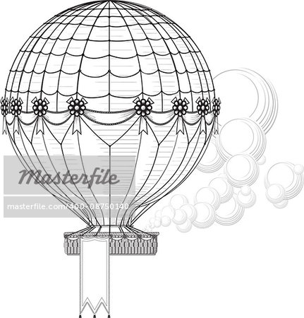 Vintage Hot Air Balloon blowing smoke rises. Hanging banner at the bottom of the basket can be easily removed, increase or decrease in the vector file.