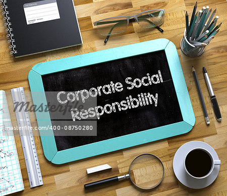 Top View of Office Desk with Stationery and Mint Small Chalkboard with Business Concept - Corporate Social Responsibility. Corporate Social Responsibility Concept on Small Chalkboard. 3d Rendering.