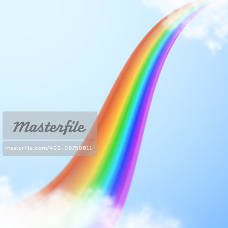 Realistic bright rainbow in clouds on transparent background. Vector illustration