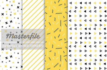 Set of 4 seamless patterns in yellow colors with geometric elements. Patern hipster style. Paterna suitable for posters, postcards, fabric or wrapping paper