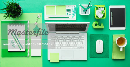 Green creative and eco-friendly desktop with laptop and office accessories, business and environmental care concept, flat lay