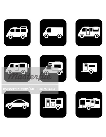 set of black isolated icons with camper car