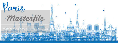 Outline Paris skyline with blue landmarks. Vector illustration. Business and tourism concept with historic buildings. Image for presentation, banner, placard and web site