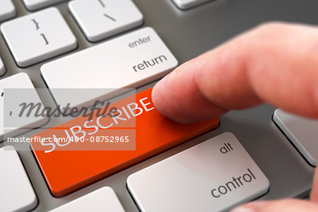 Close Up view of Male Hand Touching Orange Subscribe Computer Key. 3D Illustration.