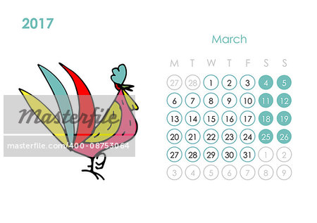 Rooster calendar 2017 for your design. March month. Vector illustration