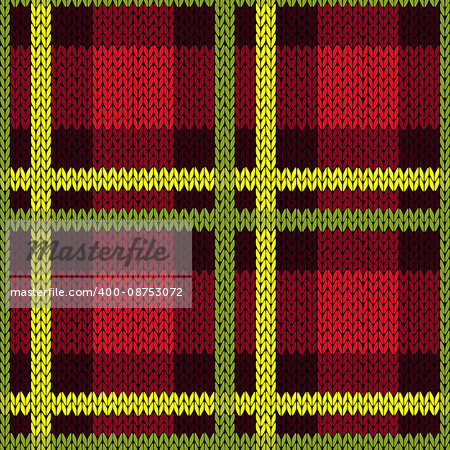 Seamless vector pattern as a woollen Celtic tartan plaid or a knitted fabric texture in green, yellow and red colors