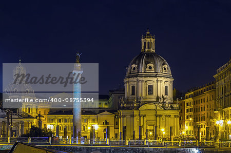 Church of the Most Holy Name of Mary and Trajan's Column at the Trajan Forum, Rome. Evening