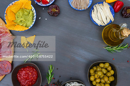 Table with spanish tapas - anchovies with peppers padron, jamon, croquetes, guacamole and olives, frame with copy space, picnic table