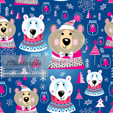 Bright New Year pattern of portraits of bears on a blue background with snowflakes and Christmas trees