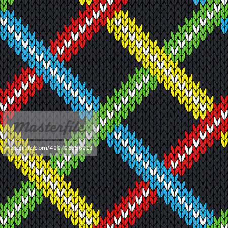 Seamless knitting geometrical vector pattern with various color lines over grey background as a knitted fabric texture