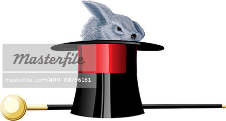 Grey rabbit in black magic hat and walking stick on white background.