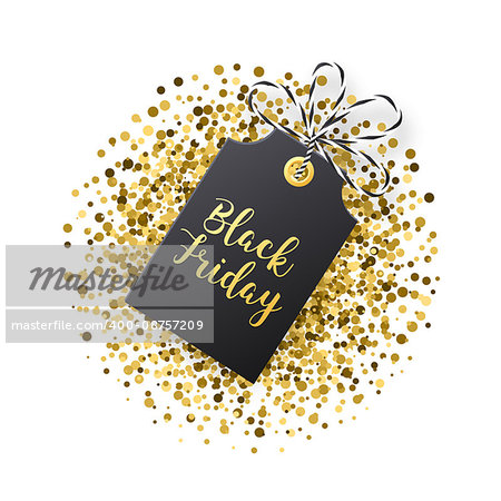 Black Friday sales tag. Black tag with golden glitter isolated on white backround. Vector illustration