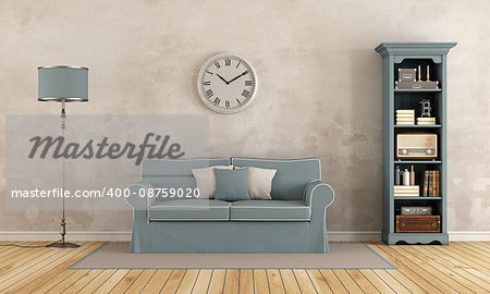 Old room with little bookcase and blue classic sofa - 3d rendering
