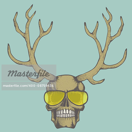 Vector skull with deer horn illustration. Hand drawn skull. Spooky and scary haloween skull