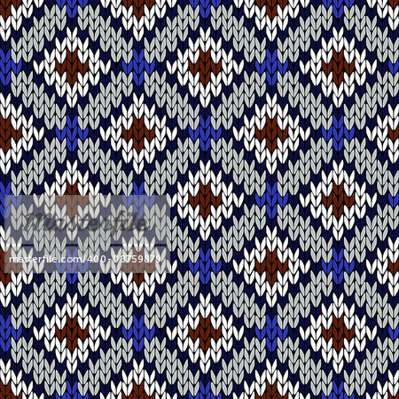 Abstract knitting ornamental seamless vector pattern as a knitted fabric texture in blue, grey, brown and white colors