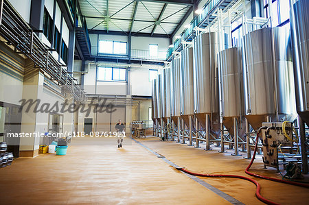Interior view of a brewery with a row of metal beer tanks.