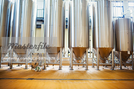 Row of large metal beer tanks in a brewery.