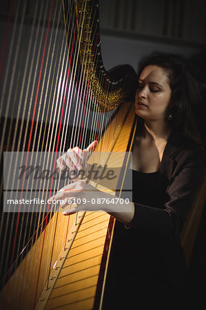 Attentive woman playing a harp in music school