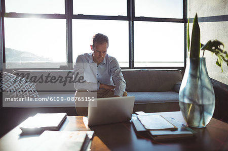 Businessman using laptop in office against bright sunlight