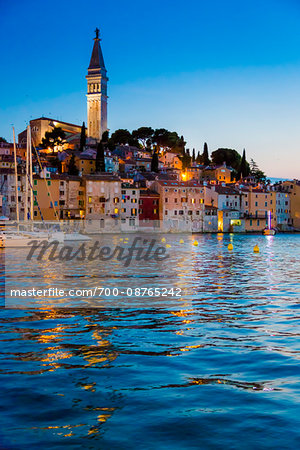 Waterfront View of Rovinj with Church of St Euphemia at Dusk, Istria, Croatia