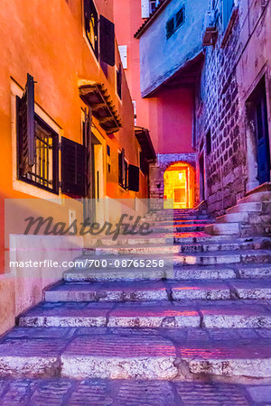 Steps leading to lit Archway at Dusk in Rovinj, Istria, Croatia