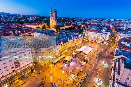 Overview of Ban Jelacic Square at Dusk, Zagreb, Croatia