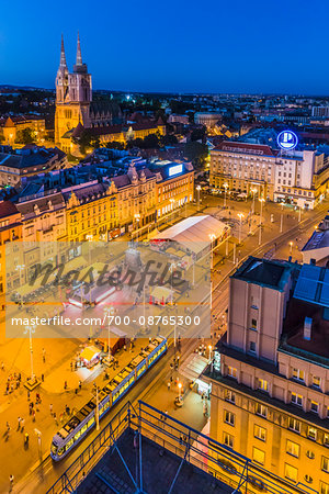 Overview of Ban Jelacic Square at Night, Zagreb, Croatia