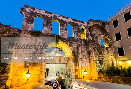 The Silver Gate illuminated at dusk at the Diocletian's Palace in the Old Town of Split in Split-Dalmatia County, Croatia
