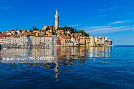 Waterfront and skyline of the fishing port city of Rovinj in the north Adriatic Sea in Istria, Croatia