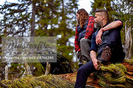 Hikers resting on fallen tree, Sarkitunturi, Lapland, Finland