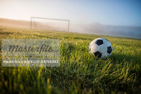 Soccer ball and goalpost in early morning light.