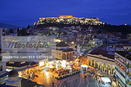 Greece, Athens, view of Acropolis from Monastiraki at dusk, UNESCO World Heritage