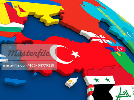 Map of Turkey on globe with embedded flags of countries. 3D illustration.