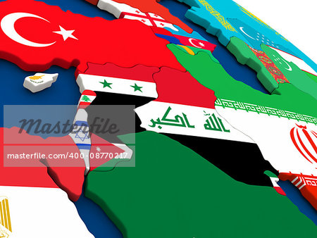 Map of Israel, Lebanon, Jordan, Syria and Iraq region on globe with embedded flags of countries. 3D illustration.