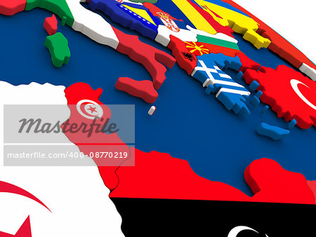 Map of Tunisia on globe with embedded flags of countries. 3D illustration.