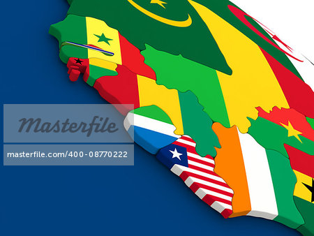 Map of Liberia, Sierra Leone and Guinea on globe with embedded flags of countries. 3D illustration.
