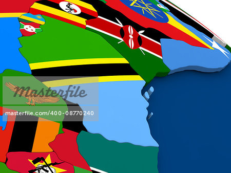 Map of Tanzania on globe with embedded flags of countries. 3D illustration.