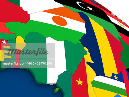 Map of Niger and Nigeria on globe with embedded flags of countries. 3D illustration.