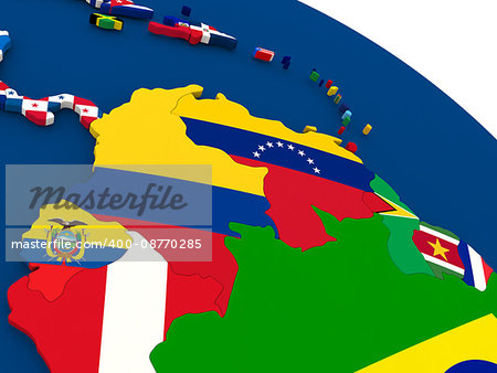 Map of Colombia and Venezuela on globe with embedded flags of countries. 3D illustration.