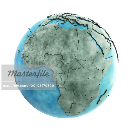Africa on 3D model of planet Earth made of blue marble with embossed countries and blue ocean. 3D illustration isolated on white background.