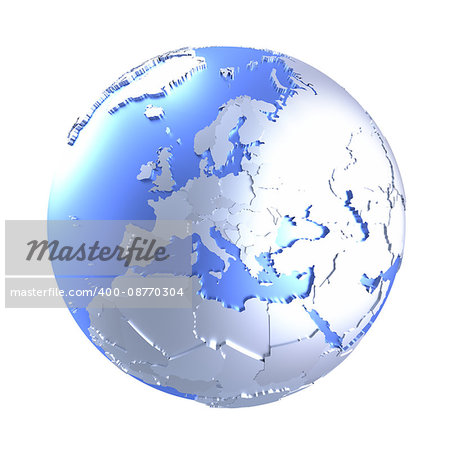 Europe on bright metallic model of planet Earth with blue ocean and shiny embossed continents with visible country borders. 3D illustration isolated on white background.