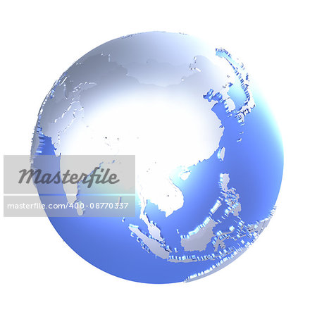 Southeast Asia on bright metallic model of planet Earth with blue ocean and shiny embossed continents with visible country borders. 3D illustration isolated on white background.