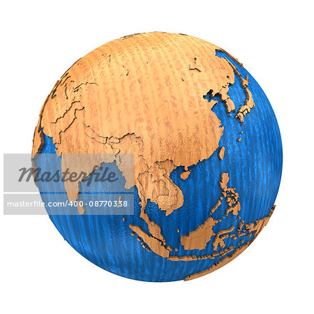 Southeast Asia on wooden model of planet Earth with embossed continents and visible country borders. 3D illustration isolated on white background.