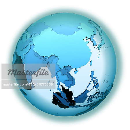 Southeast Asia on translucent model of planet Earth with visible continents blue shaded countries. 3D illustration isolated on white background.