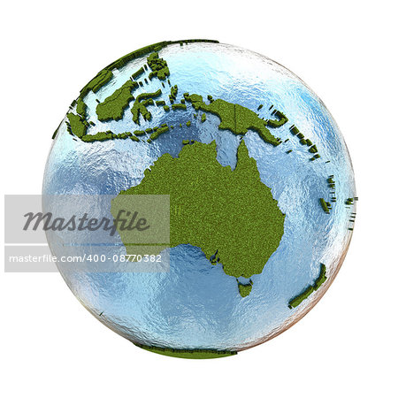 Australia on 3D model of planet Earth with grassy continents with embossed countries and blue ocean. 3D illustration isolated on white background. Australia on 3D model of planet Earth with grassy continents with embossed countries and blue ocean. 3D illustration isolated on white background.