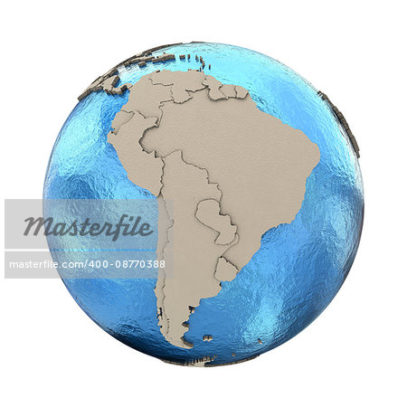 South America on 3D model of blue Earth with embossed countries and blue ocean. 3D illustration isolated on white background.