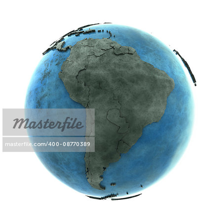 South America on 3D model of planet Earth made of blue marble with embossed countries and blue ocean. 3D illustration isolated on white background.