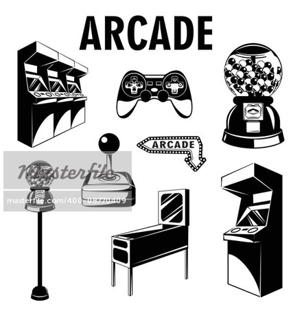 arcade room. video game set. Gaming machine. Computer Video Game Joystick and videopad. gumball machine