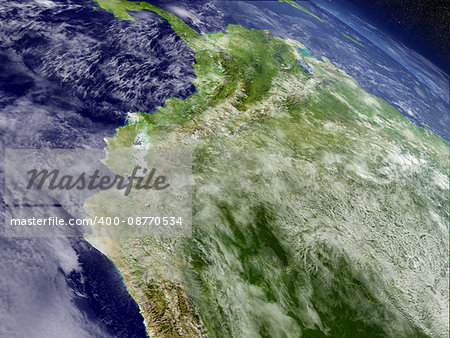 Ecuador with surrounding region as seen from Earth's orbit in space. 3D illustration with highly detailed planet surface and clouds in the atmosphere. Elements of this image furnished by NASA.