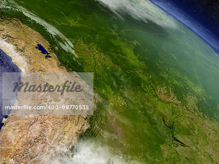 Bolivia with surrounding region as seen from Earth's orbit in space. 3D illustration with highly detailed planet surface and clouds in the atmosphere. Elements of this image furnished by NASA.